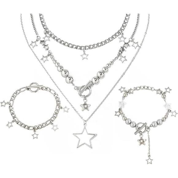 Silver Star Necklace Set Y2K Layered Chain Cute Kawaii Grunge Emo Jewelry - Picture 8 of 8